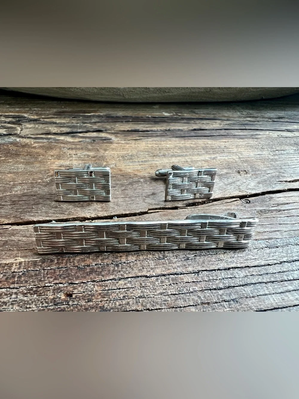 Woven Silver Tie Bar and Cufflinks Set